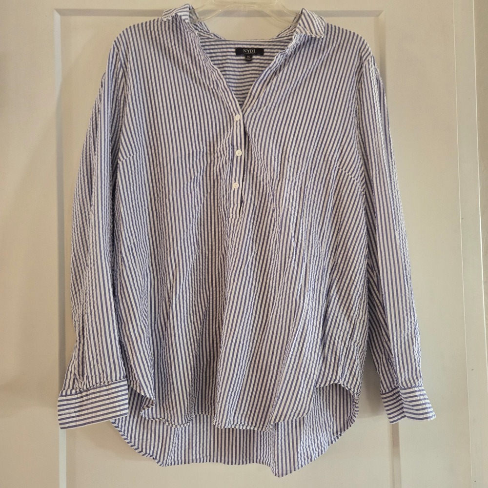 NYDJ Blouse Womens XL Blue White Striped Seersucker Henley Roll Tab Shirt Top - Picture 2 of 11